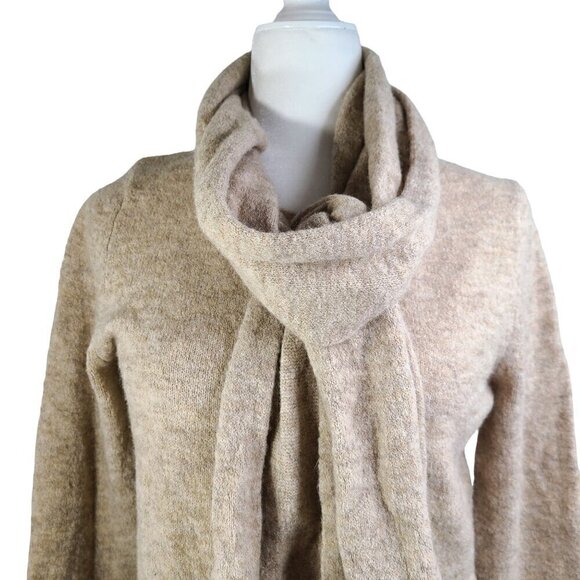 Ann Taylor LOFT Tan Beige Merino Wool Blend Attached Scarf Sweater Oversized - Picture 2 of 7